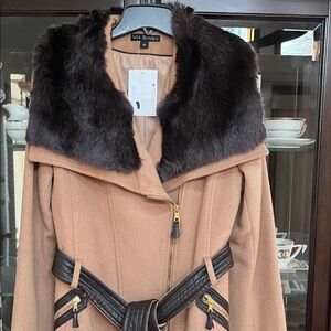 Via Spiga Luxe Belted Trench with Dark Brown Fur Collar